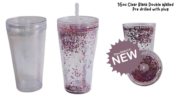 16oz Double Walled, Acrylic, Plastic Tumbler, Double Walled Screw lid, with pre-drilled hole.