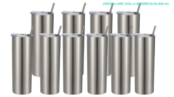 Free Shipping, Box of 10, 20oz Stainless Steel, Straight Tumbler, Slide Lid & Plastic Straw. - sublimation Tumbler Blanks R Us Australia#