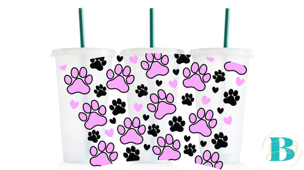 15a. Pink & Black 24oz UV DTF Paw Print Cup Wrap - 24 oz Wrap Blanks R Us Australia#