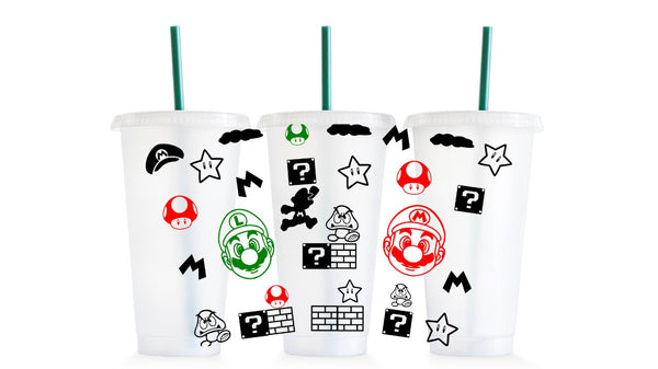 53. Gamming Wrap, Mario Brothers, Nintendo, Tapered, Curved 24oz, 16oz, Stadium, Cold Cup.